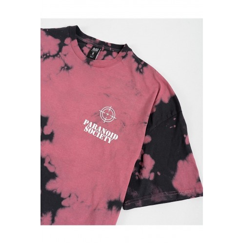 Oversize Paranoid Society Batik Desen Unisex Tişört - Pembe Siyah 