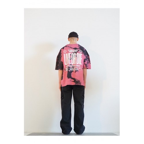 Oversize Paranoid Society Batik Desen Unisex Tişört - Pembe Siyah 