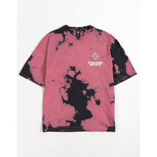 Oversize Paranoid Society Batik Desen Unisex Tişört - Pembe Siyah 