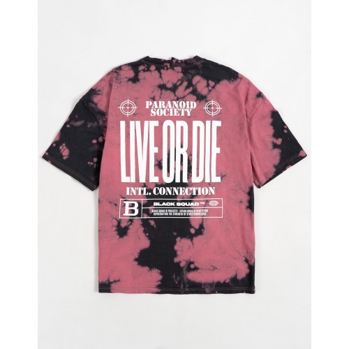 Oversize Paranoid Society Batik Desen Unisex Tişört - Pembe Siyah 