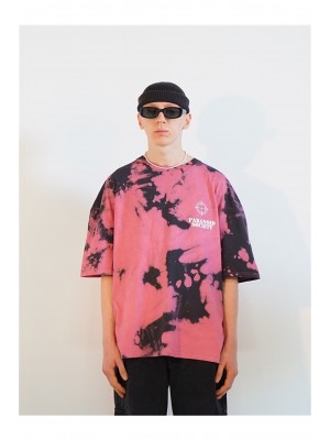 Oversize Paranoid Society Batik Desen Unisex Tişört - Pembe Siyah 