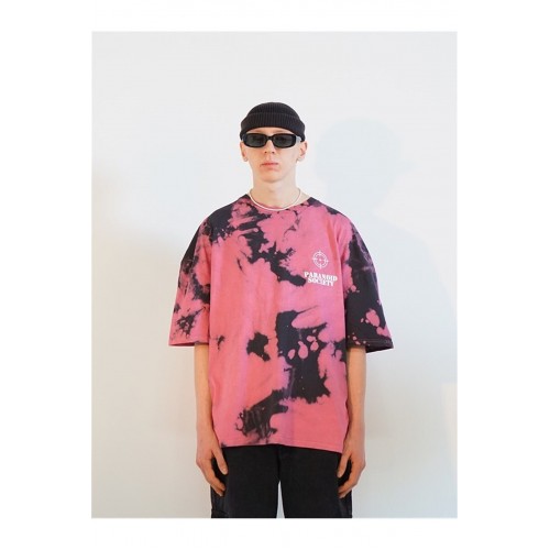 Oversize Paranoid Society Batik Desen Unisex Tişört - Pembe Siyah 