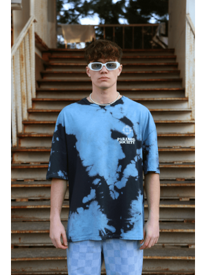 Oversize Paranoid Society Batik Desen Unisex Tişört - Mavi Siyah 