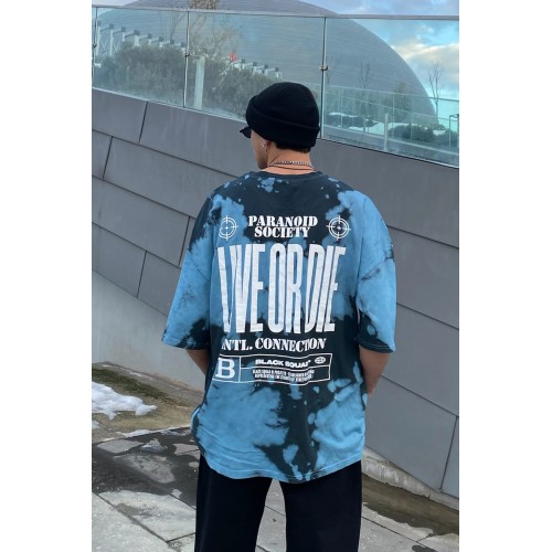 Oversize Paranoid Society Batik Desen Unisex Tişört - Mavi Siyah 