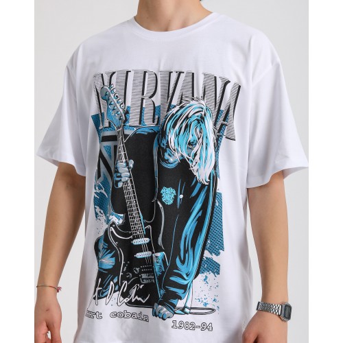 BSC Oversize Nirvana Kurt Cobain Baskılı Unisex T-Shirt - Beyaz