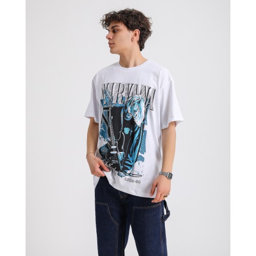 BSC Oversize Nirvana Kurt Cobain Baskılı Unisex T-Shirt - Beyaz