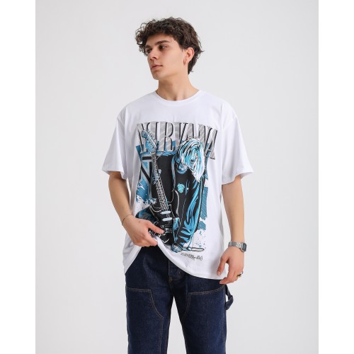 BSC Oversize Nirvana Kurt Cobain Baskılı Unisex T-Shirt - Beyaz