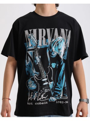BSC Oversize Nirvana Kurt Cobain Baskılı Unisex T-Shirt - Siyah