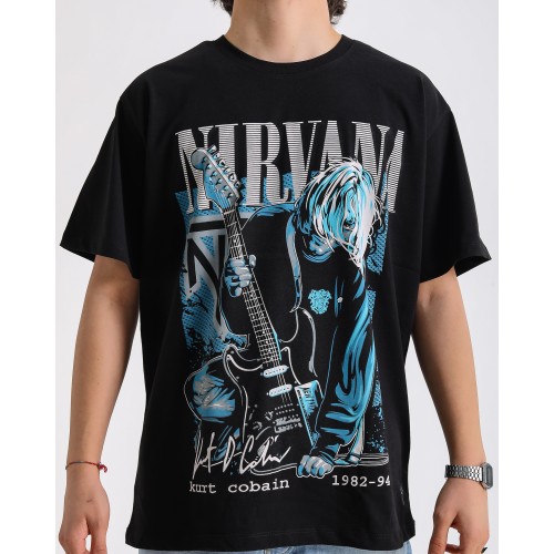 BSC Oversize Nirvana Kurt Cobain Baskılı Unisex T-Shirt - Siyah