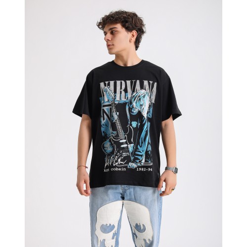BSC Oversize Nirvana Kurt Cobain Baskılı Unisex T-Shirt - Siyah
