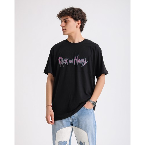 BSC Oversize Rick and Morty Ön Arka Baskılı Unisex T-Shirt - Siyah