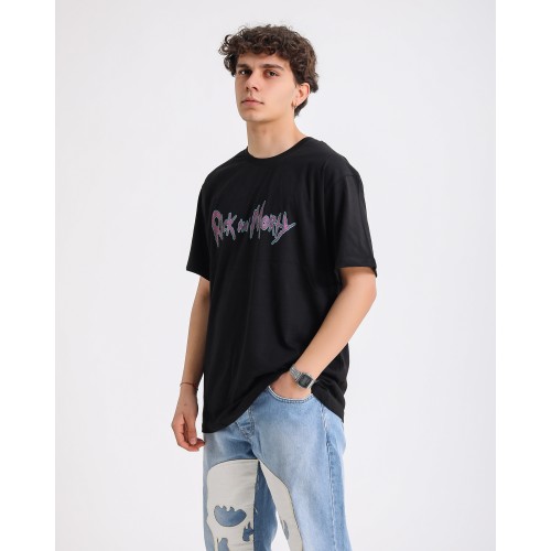 BSC Oversize Rick and Morty Ön Arka Baskılı Unisex T-Shirt - Siyah