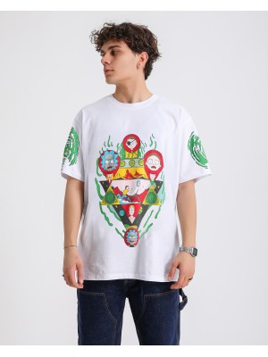 BSC Oversize Rick and Morty Ön ve Kol Baskılı Unisex Tişört - Beyaz