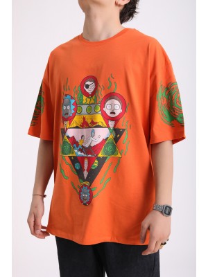 BSC Oversize Rick and Morty Ön ve Kol Baskılı Unisex Tişört - Turuncu