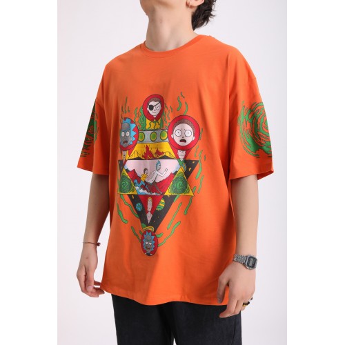 BSC Oversize Rick and Morty Ön ve Kol Baskılı Unisex Tişört - Turuncu