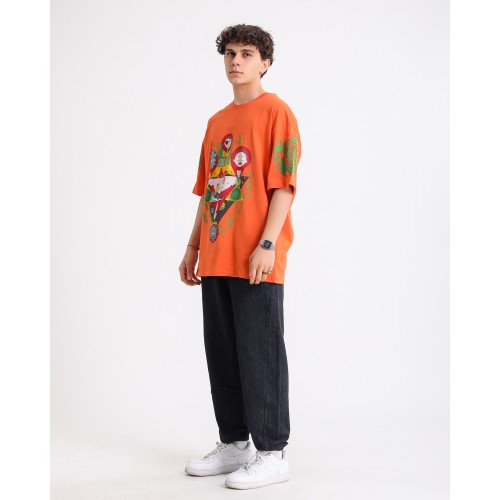 BSC Oversize Rick and Morty Ön ve Kol Baskılı Unisex Tişört - Turuncu