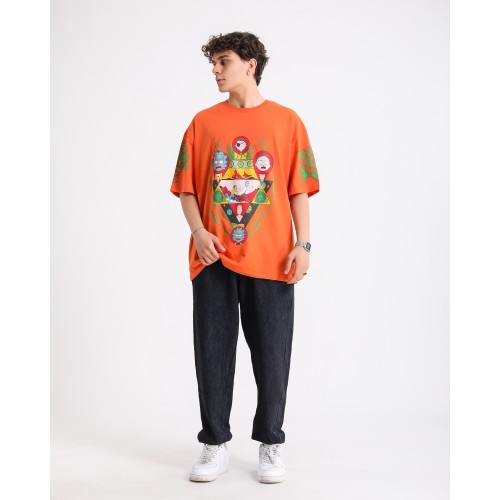 BSC Oversize Rick and Morty Ön ve Kol Baskılı Unisex Tişört - Turuncu