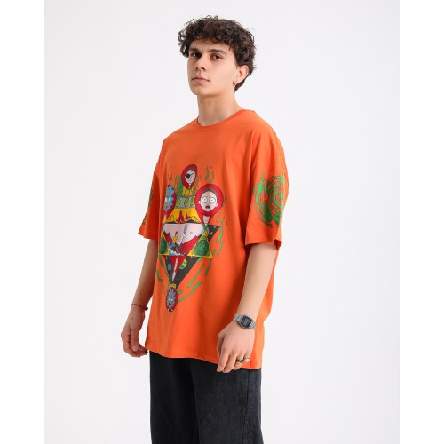 BSC Oversize Rick and Morty Ön ve Kol Baskılı Unisex Tişört - Turuncu
