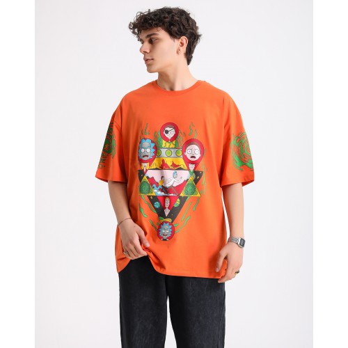 BSC Oversize Rick and Morty Ön ve Kol Baskılı Unisex Tişört - Turuncu