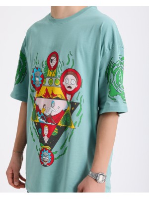 BSC Oversize Rick and Morty Ön ve Kol Baskılı Unisex T-Shirt - Mint Yeşil