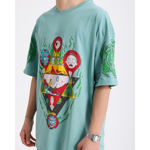 BSC Oversize Rick and Morty Ön ve Kol Baskılı Unisex T-Shirt - Mint Yeşil