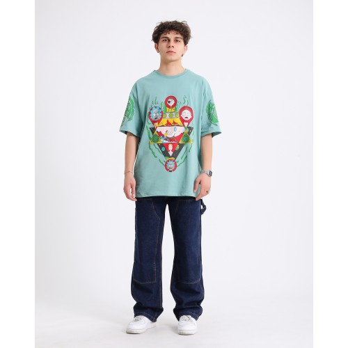 BSC Oversize Rick and Morty Ön ve Kol Baskılı Unisex T-Shirt - Mint Yeşil