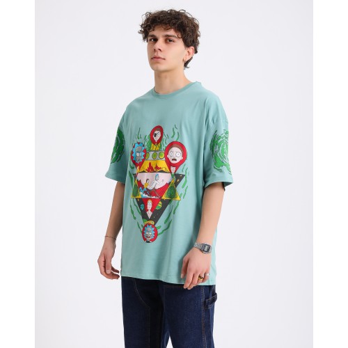 BSC Oversize Rick and Morty Ön ve Kol Baskılı Unisex T-Shirt - Mint Yeşil
