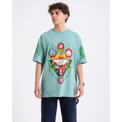 BSC Oversize Rick and Morty Ön ve Kol Baskılı Unisex T-Shirt - Mint Yeşil