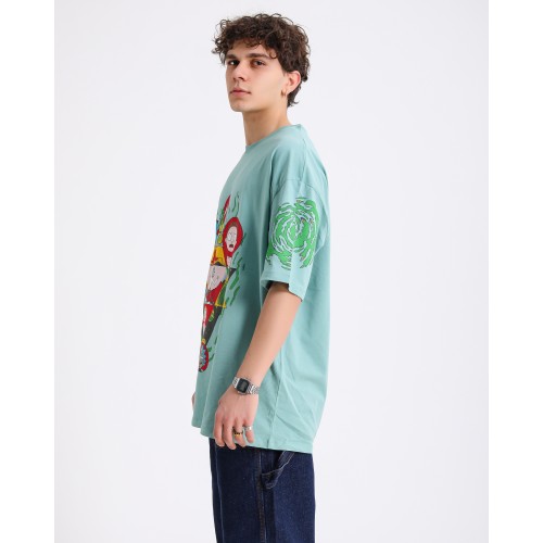 BSC Oversize Rick and Morty Ön ve Kol Baskılı Unisex T-Shirt - Mint Yeşil