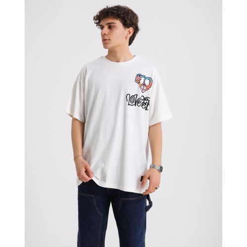 BSC Oversize Love Peace Logo Baskılı Unisex T-Shirt - Beyaz