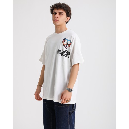 BSC Oversize Love Peace Logo Baskılı Unisex T-Shirt - Beyaz