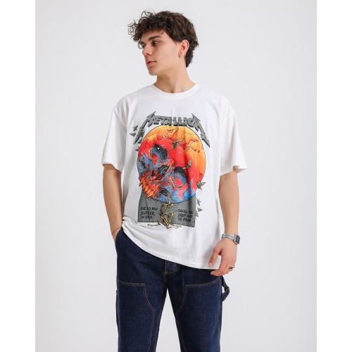 BSC Oversize Metallica Skull World Baskılı Unisex Tişört - Beyaz