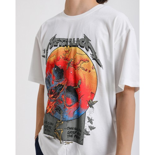 BSC Oversize Metallica Skull World Baskılı Unisex Tişört - Beyaz