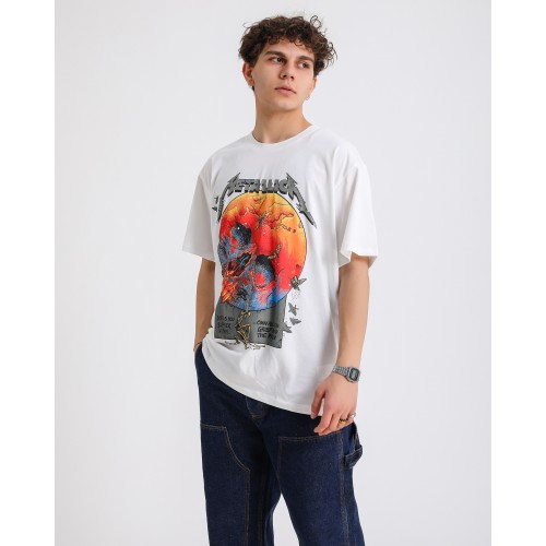 BSC Oversize Metallica Skull World Baskılı Unisex Tişört - Beyaz