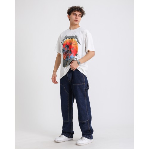 BSC Oversize Metallica Skull World Baskılı Unisex Tişört - Beyaz