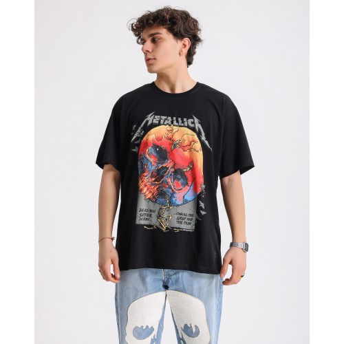 BSC Oversize Metallica Skull World Baskılı Unisex Tişört- Siyah