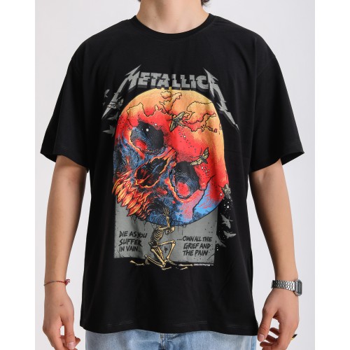 BSC Oversize Metallica Skull World Baskılı Unisex Tişört- Siyah