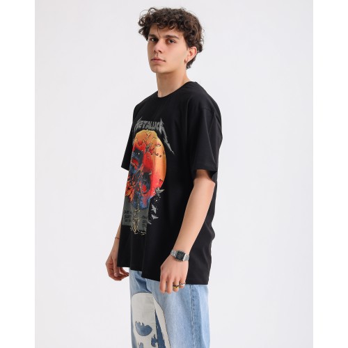 BSC Oversize Metallica Skull World Baskılı Unisex Tişört- Siyah