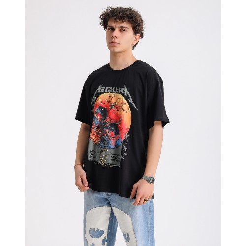 BSC Oversize Metallica Skull World Baskılı Unisex Tişört- Siyah