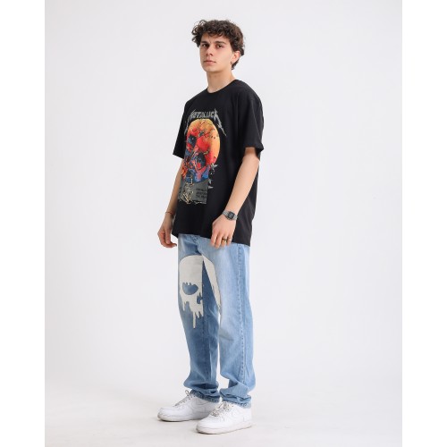 BSC Oversize Metallica Skull World Baskılı Unisex Tişört- Siyah