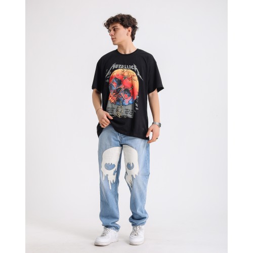 BSC Oversize Metallica Skull World Baskılı Unisex Tişört- Siyah