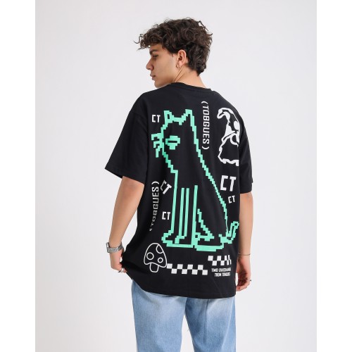 BSC Oversize Crooked Tongues Ön Arka  Baskılı Unisex Tişört - Siyah