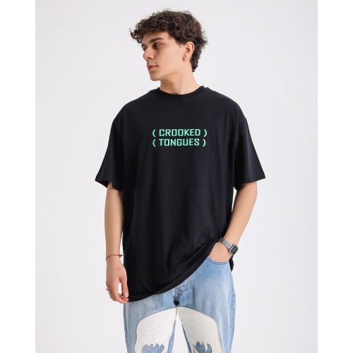 BSC Oversize Crooked Tongues Ön Arka  Baskılı Unisex Tişört - Siyah