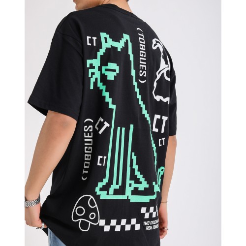 BSC Oversize Crooked Tongues Ön Arka  Baskılı Unisex Tişört - Siyah