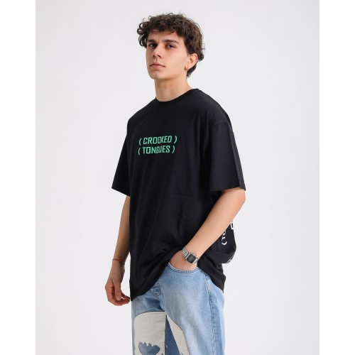 BSC Oversize Crooked Tongues Ön Arka  Baskılı Unisex Tişört - Siyah