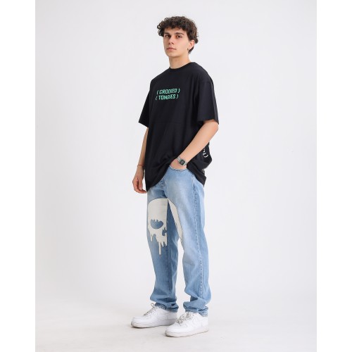 BSC Oversize Crooked Tongues Ön Arka  Baskılı Unisex Tişört - Siyah