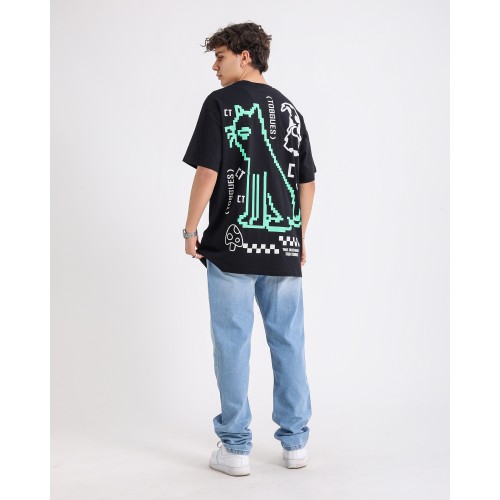 BSC Oversize Crooked Tongues Ön Arka  Baskılı Unisex Tişört - Siyah