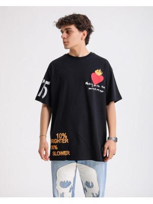 BSC Oversize Flame Heart Ön Arka Kol Baskılı Unisex T-Shirt - Siyah