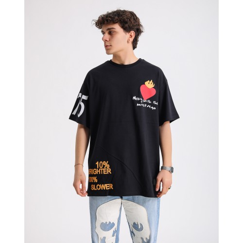 BSC Oversize Flame Heart Ön Arka Kol Baskılı Unisex T-Shirt - Siyah