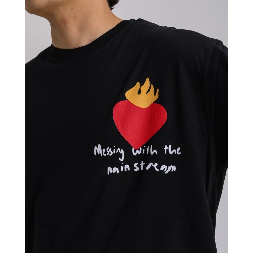 BSC Oversize Flame Heart Ön Arka Kol Baskılı Unisex T-Shirt - Siyah